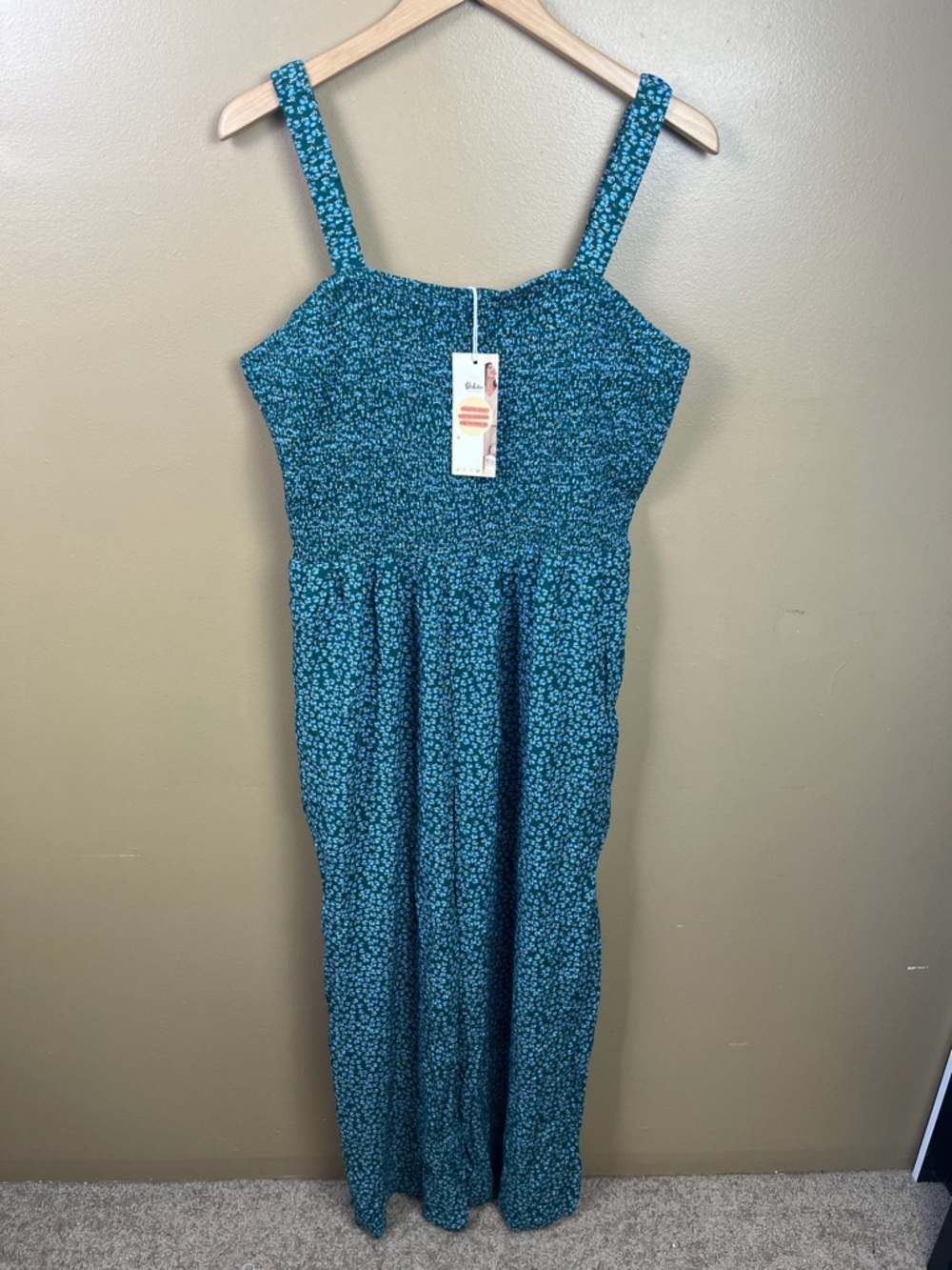 NEW Floral Jumpsuit 2XL Women's Green Blue Smocked